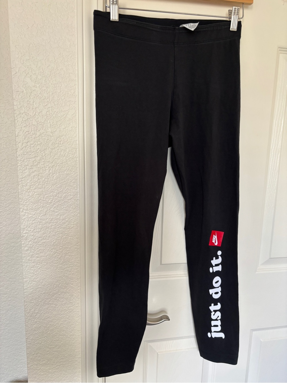 Nike Black Leggings with White 'Just Do It.' and Red Logo
